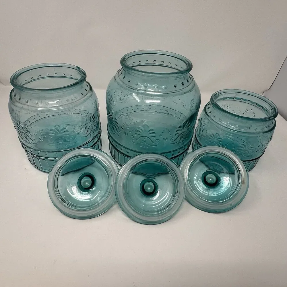 The Pioneer Woman Cassie Teal Embossed Glass Canister 3-Piece Set READ